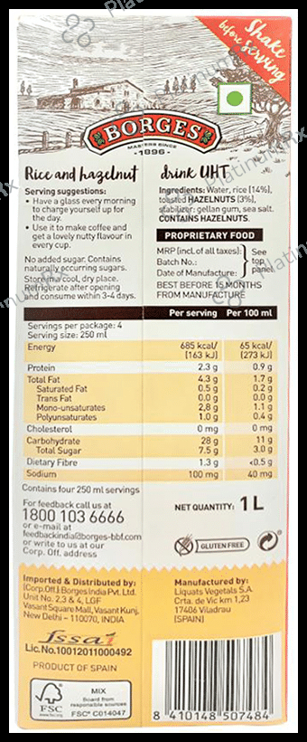 Borges Nutra Rice and Hazelnut Drink No Added Sugar