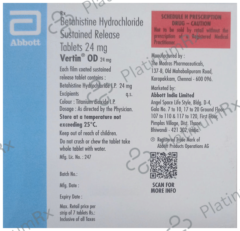 Vertin OD 24mg Tablet SR 7 tablets