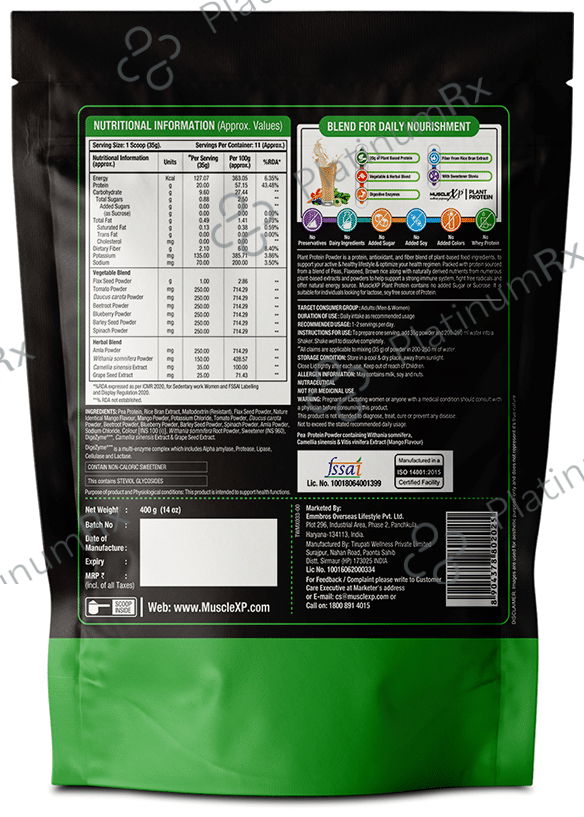 MuscleXP Plant Protein Powder (400gm Each) Mango 1 Pack