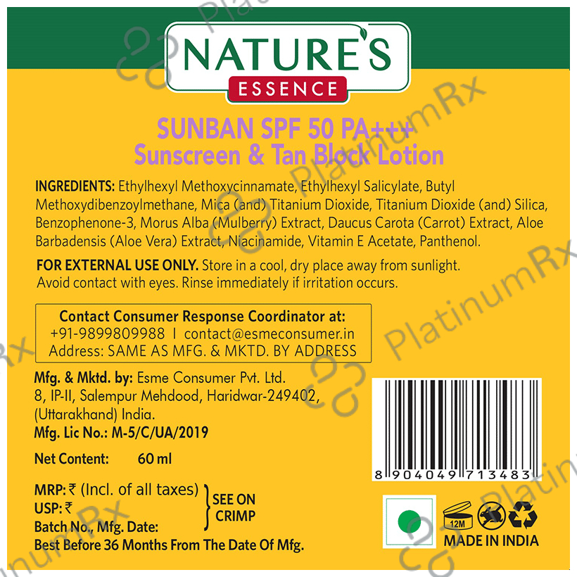 Nature's Essence Sunban Sunscreen & Tan Block Lotion SPF 50 PA+++ 60 ml