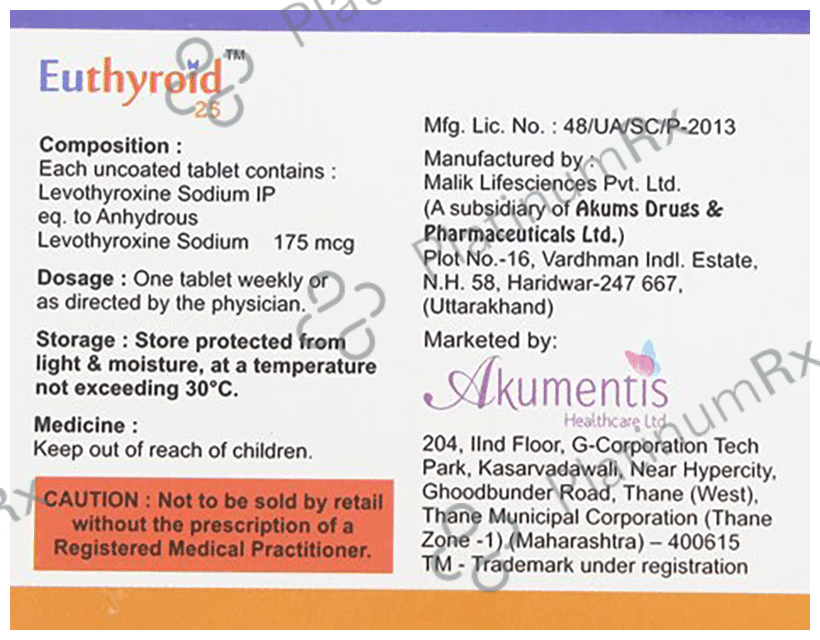 Euthyroid 25 175mcg Tablet 4s