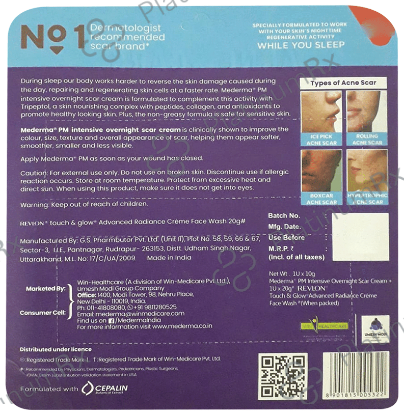 Mederma PM Intensive Overnight Scar Cream with Touch Glow Advance Radiance Cream Face Wash 20gm Free