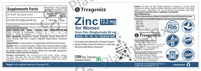 Trexgenics Zinc for Women 13.2mg Veg Capsule