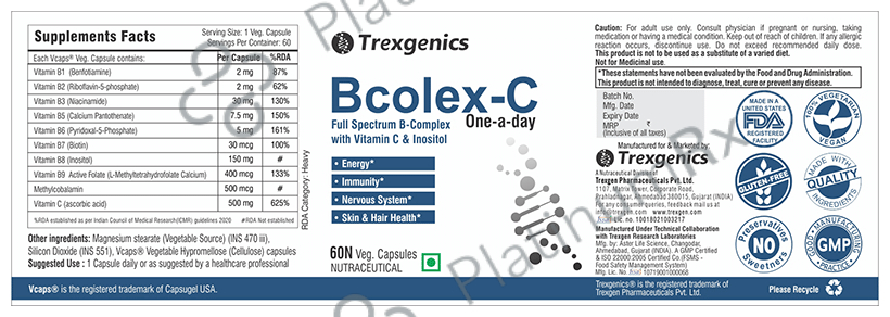Trexgenics Bcolex-C with Vitamin-C, B-Complex & Inositol - Veg Capsule for Energy, Immunity, Nervous System, Skin & Hair