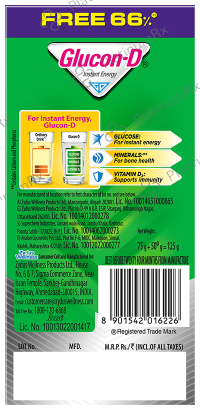 Glucon-D with Glucose, Calcium, Vitamin C & Sucrose - Flavour Regular 125 gm