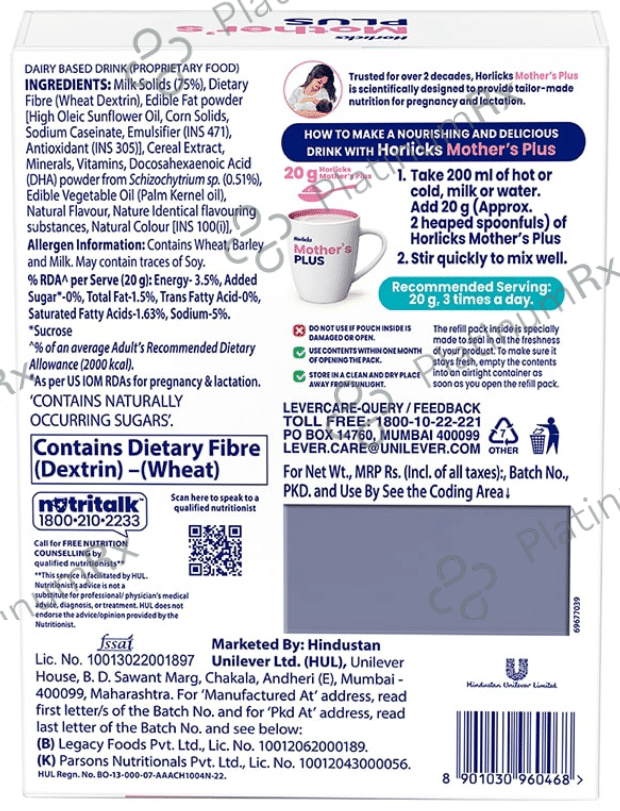 Horlicks Mother's Plus Nutrition for Pregnancy & Lactation - Flavour Powder Vanilla