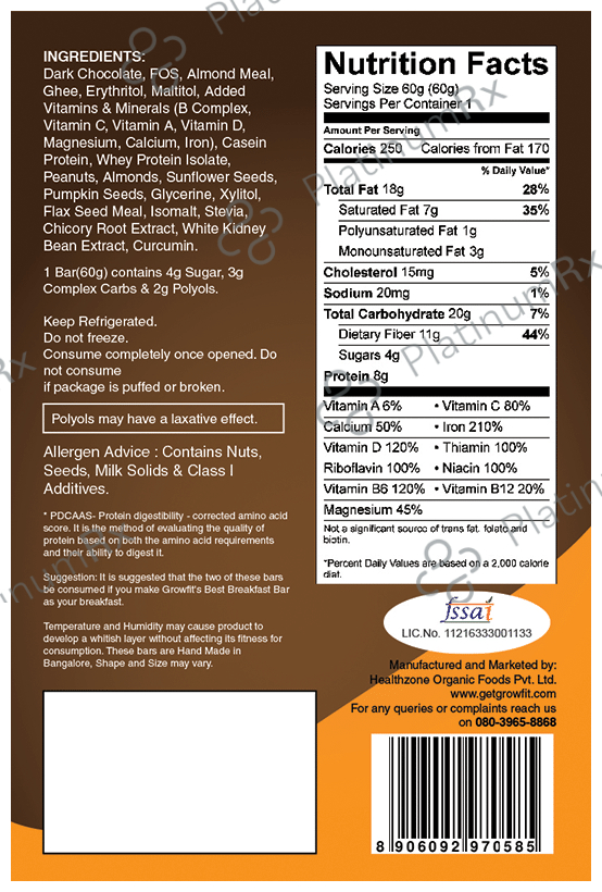 Growfit The Best Breakfast Bar (60gm Each) 1 Bar