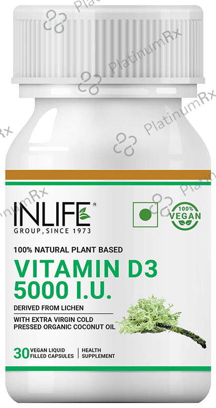 Inlife 100% Natural Plant Based Vitamin D3 5000IU - Vegan Liquid Filled Capsule for Bone & Knee Health