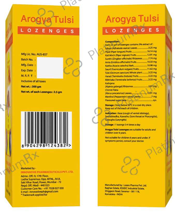 Arogya Tulsi Lozenges (6 Each) Honey Lemon 20 strips