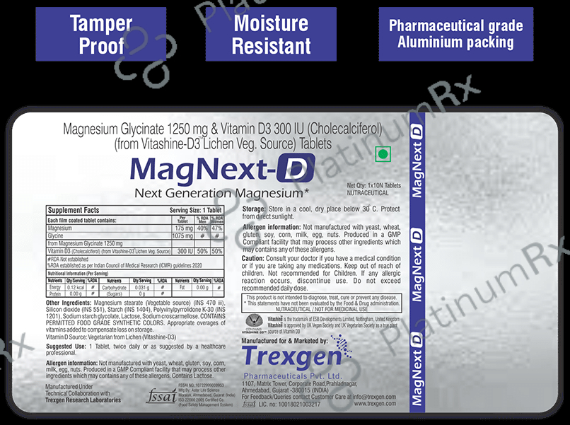 Trexgen MagNext D with Magnesium Glycinate & Vitamin D3 for Heart, Bones, Joints & Muscles - Tablet