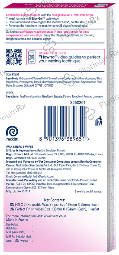 Veet Professional Waxing Strips Kit for Dry Skin, 8 Strips - Gel Wax Hair Removal for Women - Up to 28 Days of Smoothness - No Wax Heater or Wax Beans Required for Normal Skin