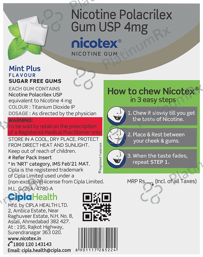 Nicotex Nicotine Sugar Free 4mg Chewing Gums Mint Plus 12s