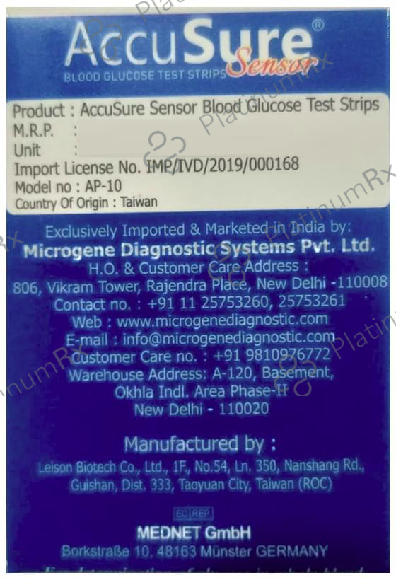 AccuSure Sensor Blood Glucose Test Strip (Only Strips) 25 Test