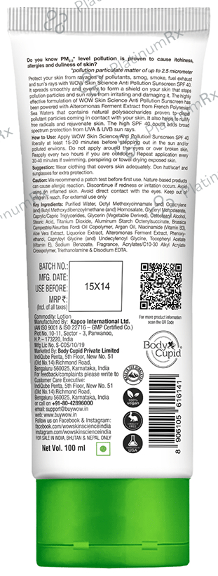 WOW Skin Science Anti Pollution Sunscreen Lotion SPF 40 100 ml Lotion Body Cupid Private Limited