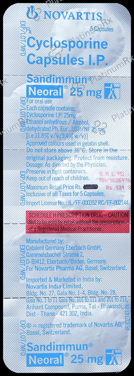 Sandimmun Neoral 25mg Soft Gelatin Capsule 5 Soft Gelatin Capsule