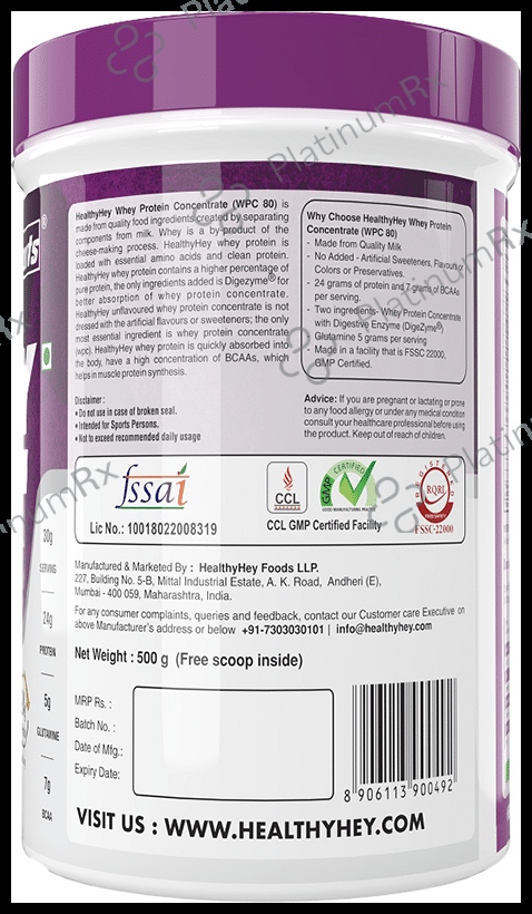 HealthyHey Sports Pro Series Whey Protein Concentrate Powder (WPC 80%) Unflavoured 500 gm