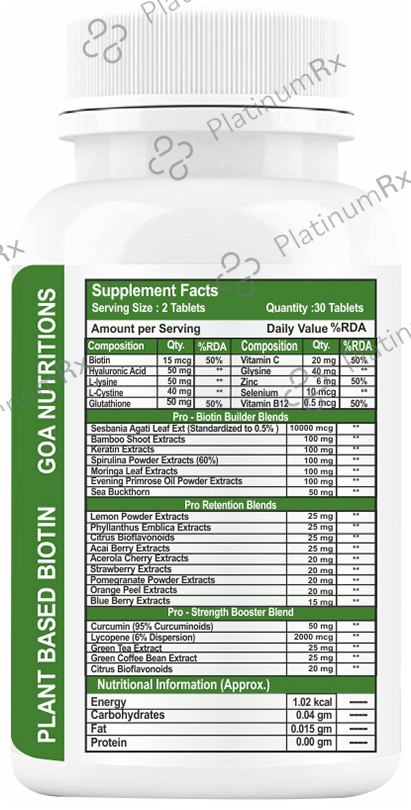 Goa Nutritions Plant Based Biotin Tablet Sugar Free