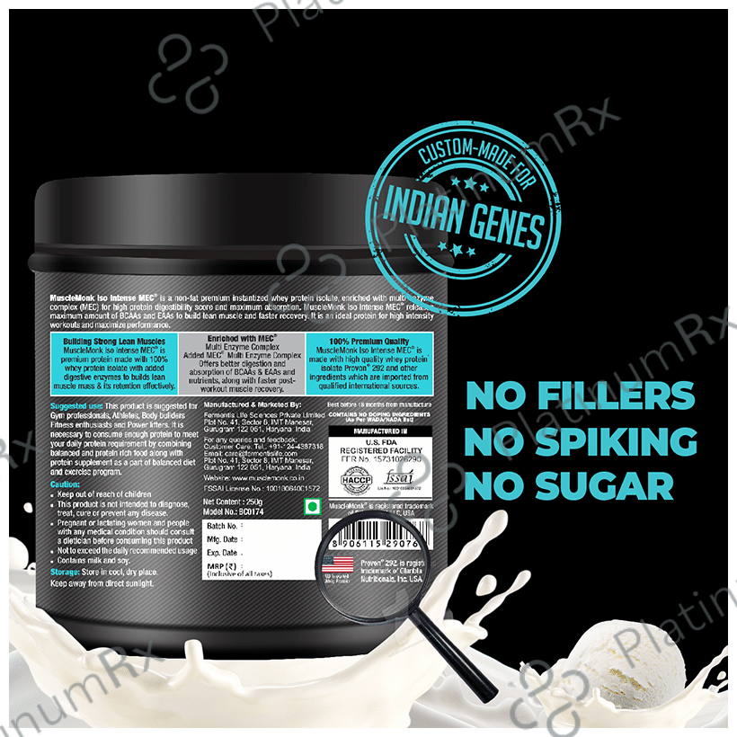 Muscle Monk ISO Intense MEC 100% Whey Protein Isolate with added Multi-Enzyme Complex Creamy Vanilla
