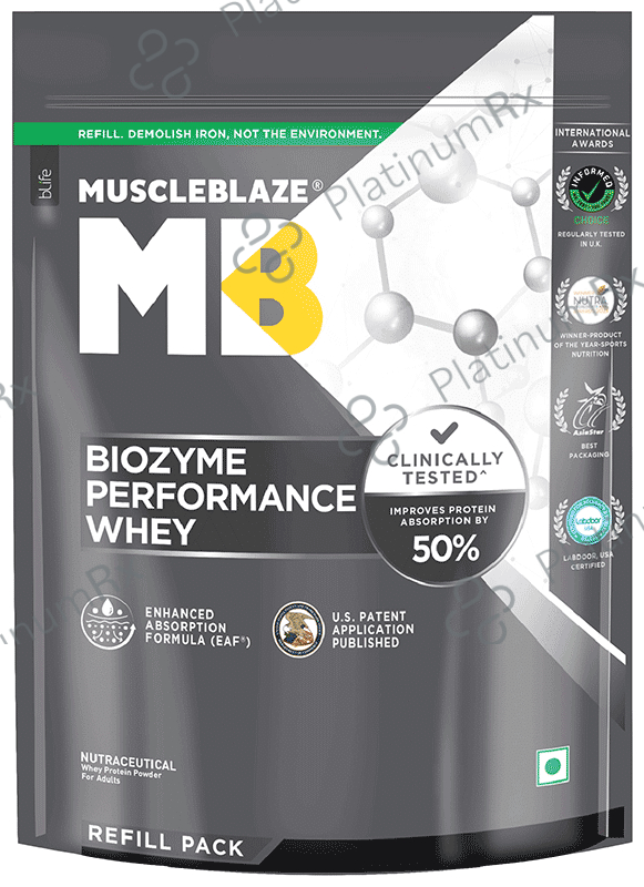 MuscleBlaze Biozyme Performance Whey Protein - For Muscle Gain - Improves Protein Absorption by 50% - Flavour Powder Unflavoured Refill Pack