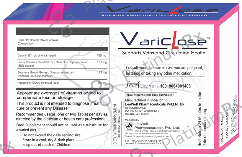 Variclose Poor Blood Flow, Micro Circulation Aid for Varicose Veins & Piles - Aescin, Diosmin & Hesperidin Tablet