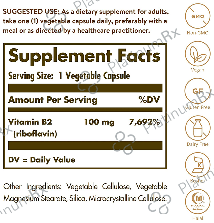Solgar Vitamin B2 (Riboflavin) 100mg Vegetable Capsule