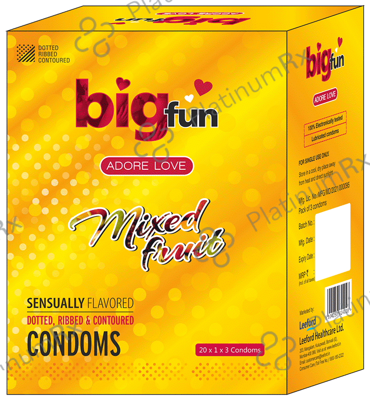 Bigfun Sensually Flavored Dotted, Ribbed & Contoured Condom Mixed Fruit 3 condoms