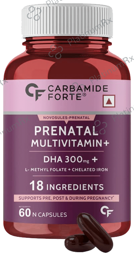 Carbamide Forte Prenatal Multivitamin with DHA 300mg, L-Methyl Folate, Chelated Iron - Capsule for Pregnancy Support