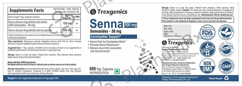 Trexgenics Senna 500mg Sennosides 30mg Constipation Support Veg Capsule