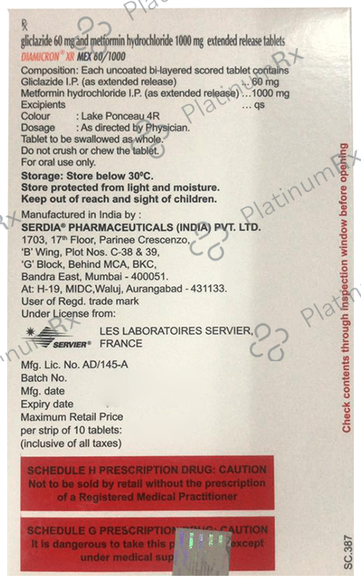 Diamicron XR Mex 60/1000mg Tablet ER 10s