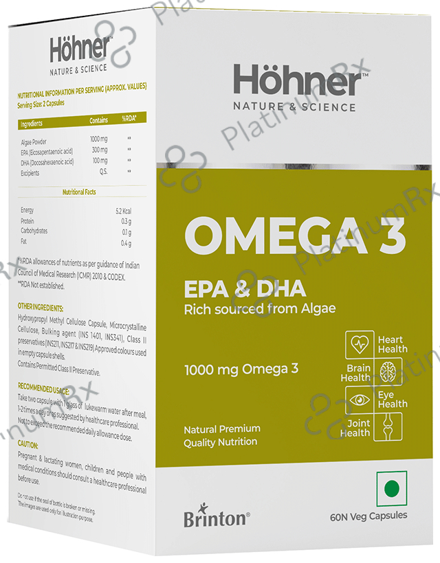 Hohner Omega 3 with EPA & DHA from Algae 1000 mg - Veg Capsule for Brain, Heart, Eye & Joint Health