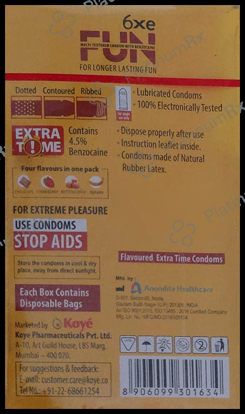 K&H 6xe Fun Multi- Textured Condom With Benzocaine (Extra Time)