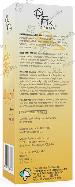 Fixderma Shadow SPF 50+ Sunscreen with UVA/UVB Protection - Water-Resistant 40 gm