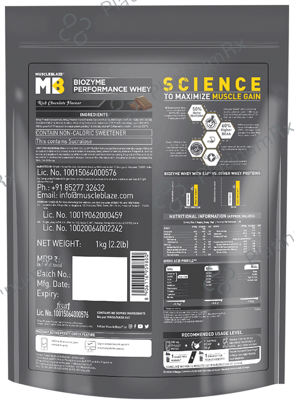 MuscleBlaze Biozyme Performance Whey Protein - For Muscle Gain - Improves Protein Absorption by 50% - Flavour Powder Rich Chocolate Refill Pack