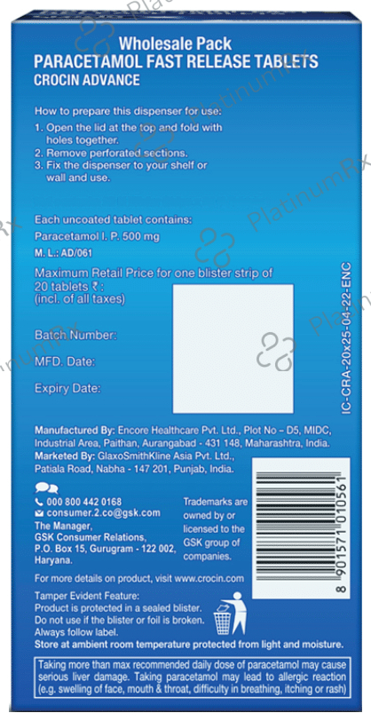 Crocin Advance 500mg Tablet 20s