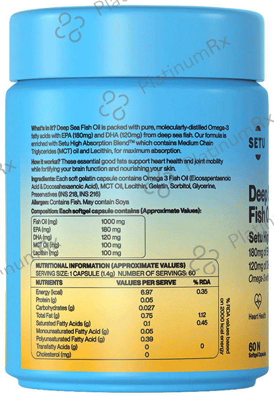 Setu Deep Sea Omega-3 Fish Oil 1000mg Softgel for Brain, Heart, Joints(60 Each)