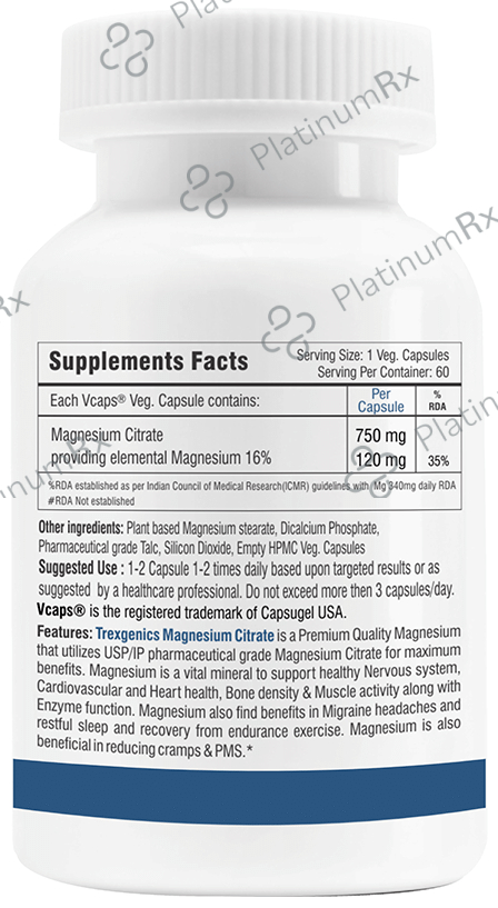 Trexgenics Magnesium Citrate 750mg Veg. Capsules