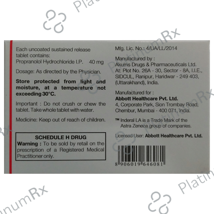 Inderal LA SR 40mg Tablet 15s