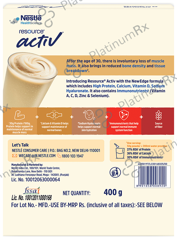 Nestle Resource Activ High Protein Shake Powder with Calcium, Immunonutrients & Hyaluronate, Low GI Vanilla