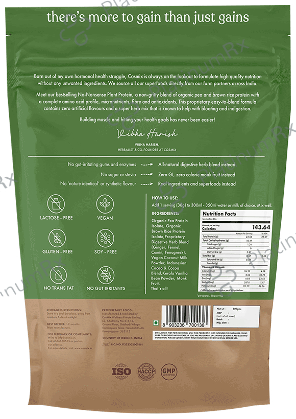 Cosmix No-Nonsense Plant Protein (500gm Each) Real Indonesian Cacao 1 Pack