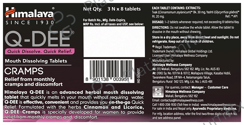 Himalaya Q-Dee Cramps Relief from Monthy Cramps and Discomfort Mouth Dissolving Tablet (8 Each)