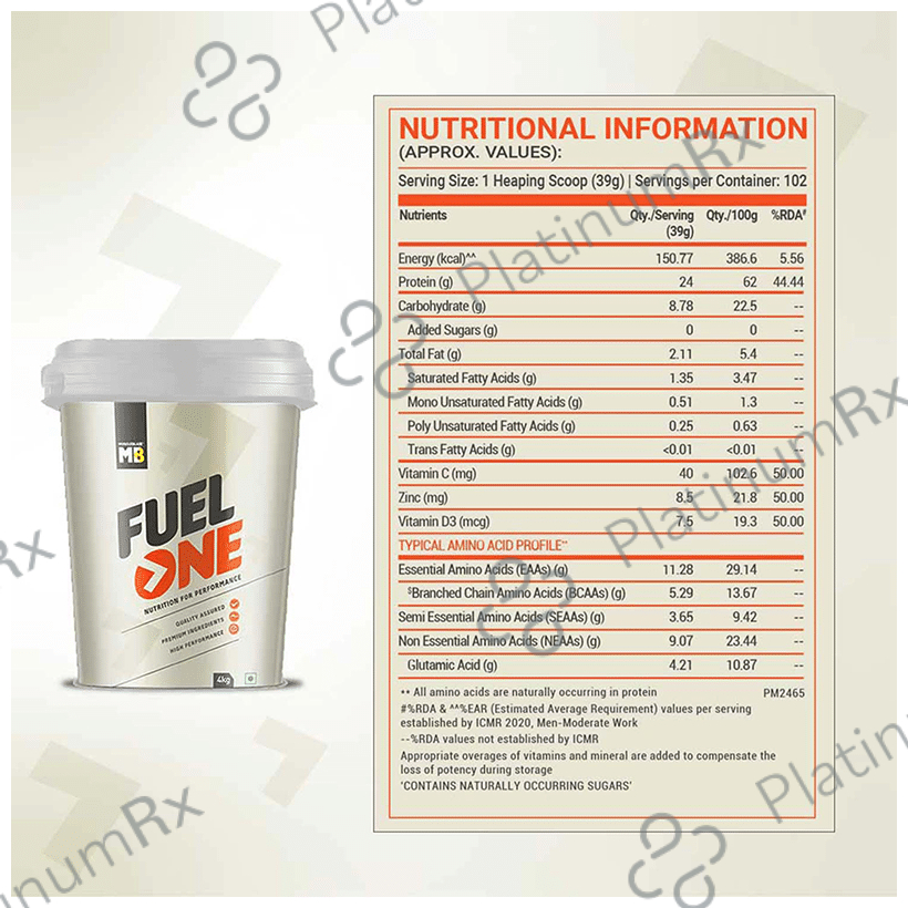 MuscleBlaze Fuel One - With Whey Protein, 5.29 BCAA, 4.2g Glutamic Acid - Powder For Performance - Flavour Chocolate 4 kg