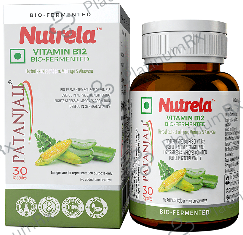 Patanjali Nutrela Vitamin B12 Bio-Fermented for Nerve Strengthening & Brain Function - Capsule