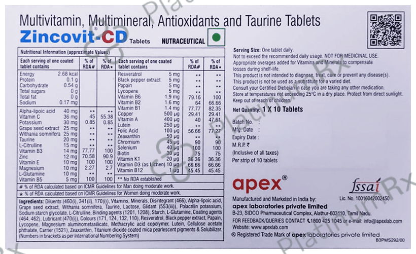 Zincovit CD Nutraceutical Tablet 10s