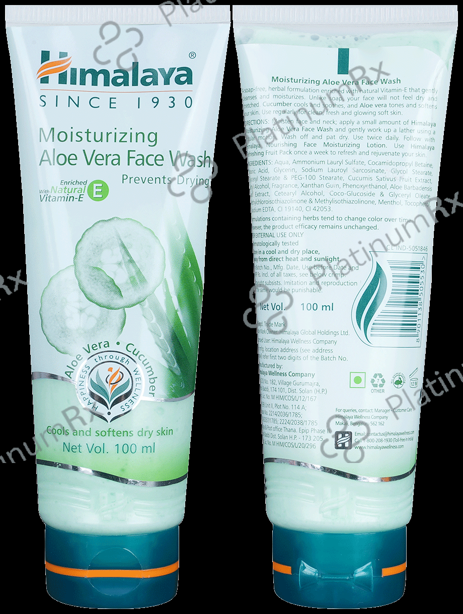 Himalaya Moisturizing Aloe Vera Face Wash with Cucumber Extract - Softens & Cools Dry Skin 100 ml