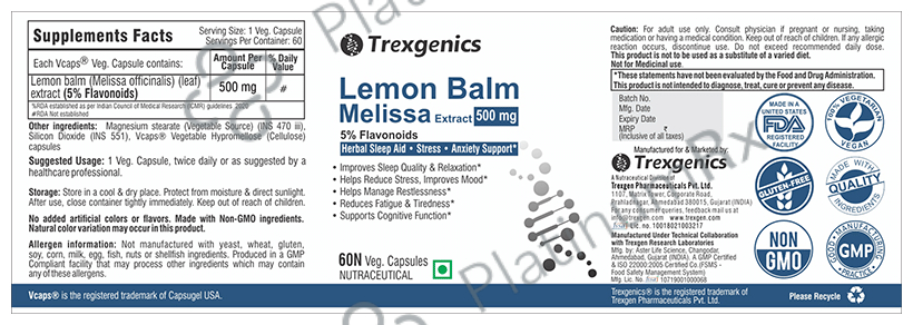 Trexgenics Lemon Balm Melissa Extract 5% Flavonoids 500mg Veg Capsule