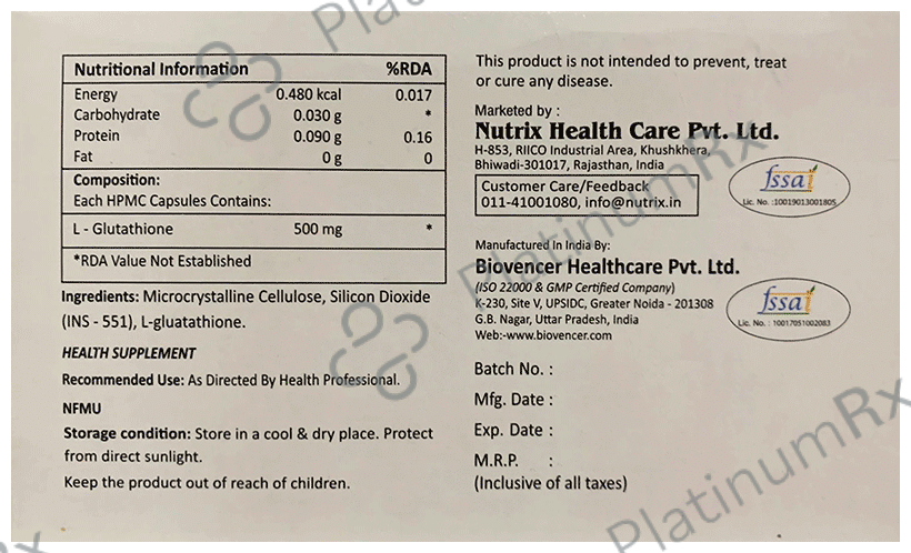 Glutazee L-Glutathione 500mg Capsule