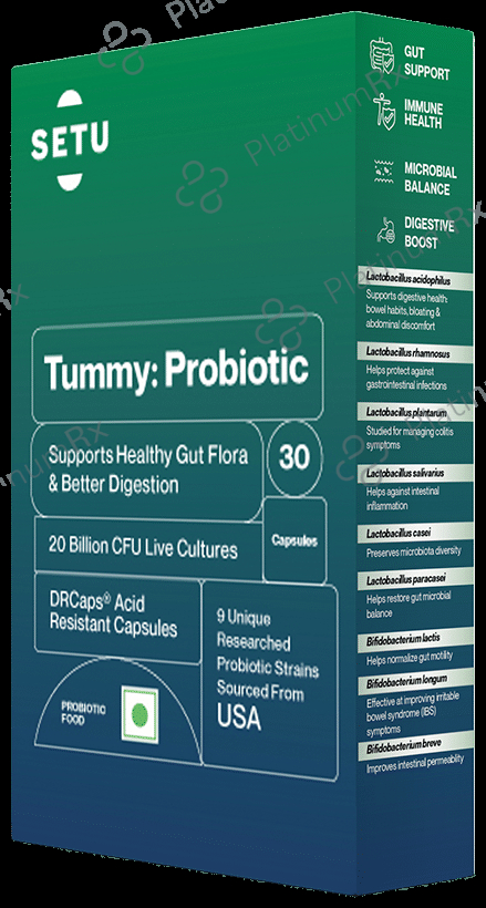 Setu Tummy Probiotic Capsule with 20 Billion CFUs for Digestion & Reduced Gas (30 Each) 1 Pack