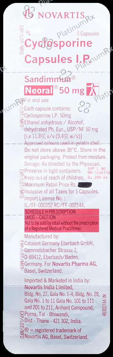 Sandimmun Neoral 50mg Soft Gelatin Capsule 5 Soft Gelatin Capsule