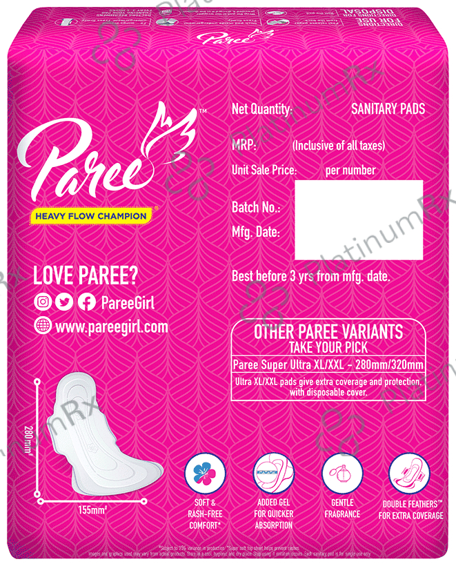 Paree Soft & Rash Free Sanitary Pads-Quick Absorption-Heavy Flow Champion-Double Feathers for Extra Coverage-Leakage-Proof-Skin Friendly Pads XL