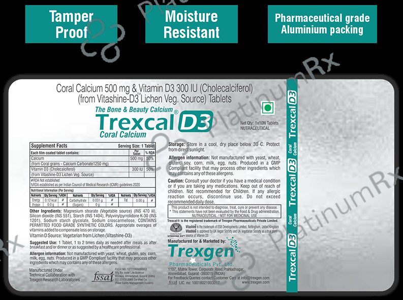 Trexgen Trexcal D3 - with Calcium & Cholecalciferol 300IU for Bone Health - Veg Tablet